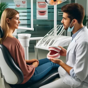 Dentist discussing dental veneers with a patient during an initial consultation in a Denver dental office.