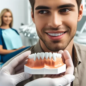 A dentist explaining dental veneers to a patient in a modern dental office, holding a model of teeth and highlighting where veneers are applied.